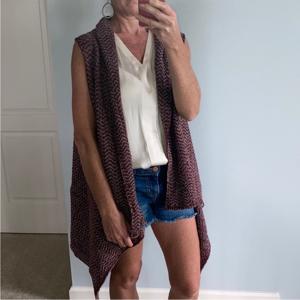 Wine & Ivory Color Long Open Style Cardigan - Picture 4 of 9